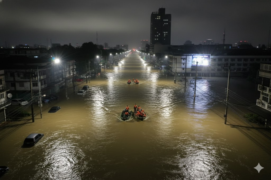 ภาพน้ำท่วมหาดใหญ่ส่งผลกระทบต่อสนามแข่งขันซีเกมส์ 2025 จังหวัดสงขลา